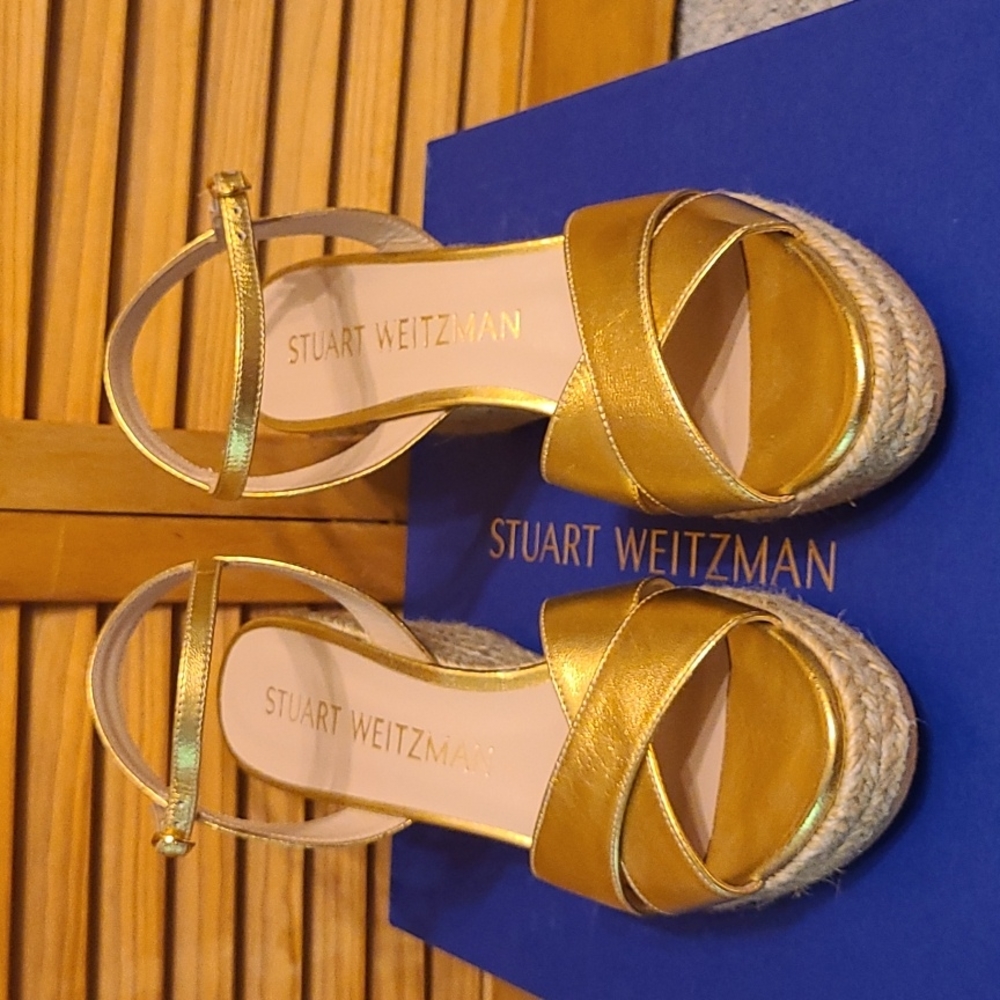 Stuart Weitzman Gold Espadrille Wedge Sandals